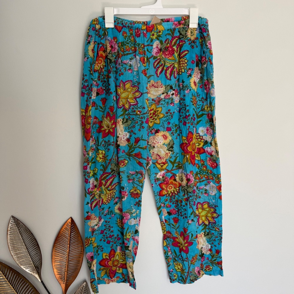 M10 Sophie Golightly Women Blue Floral Cotton Elastic Waist Straight Leg Pants L